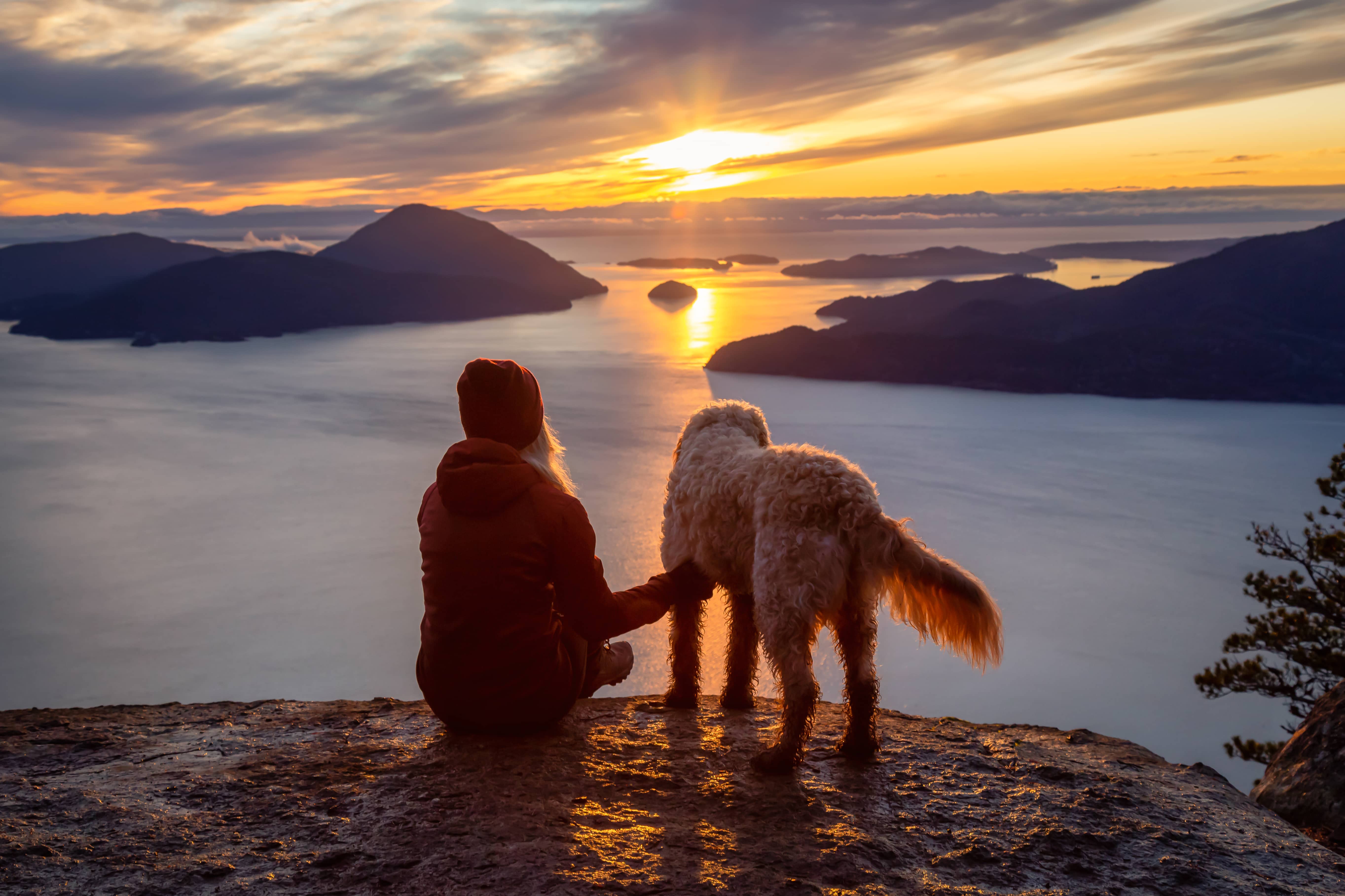 Woman and dog on mountain at sunrise