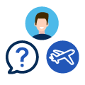 An illustrated icon of a man, question mark, and airplane